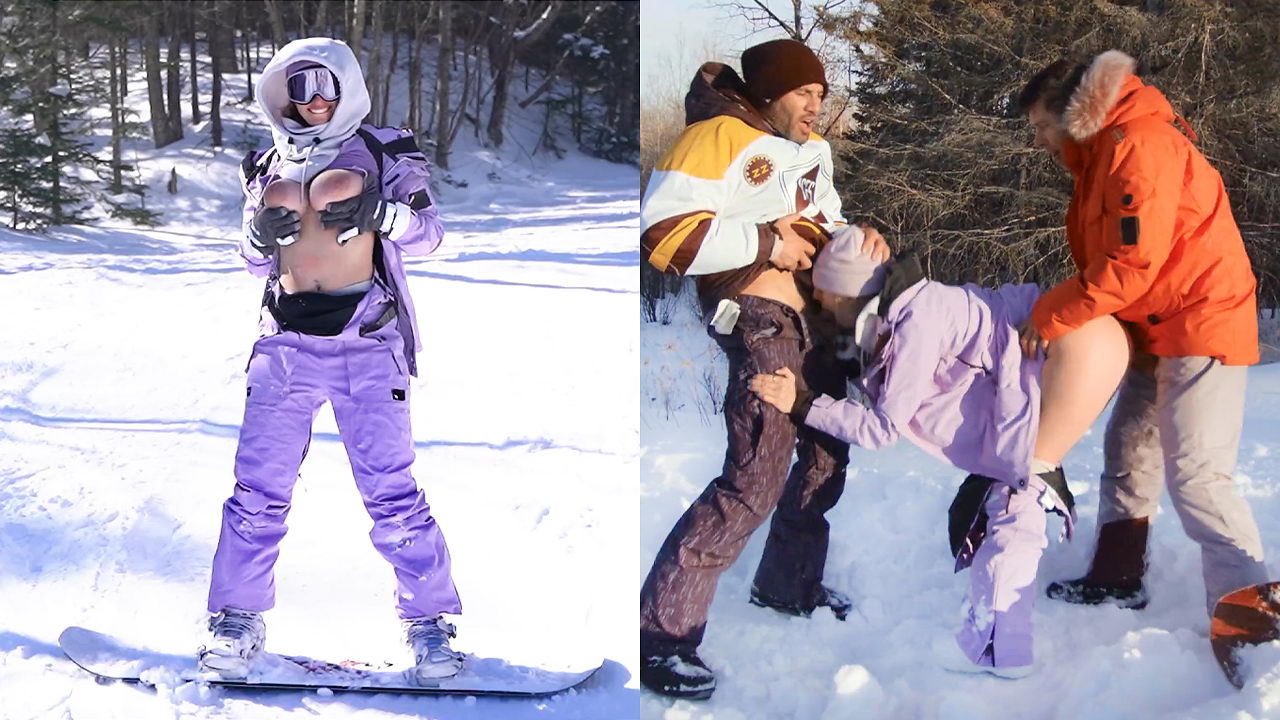 Busty babe folla a dos tipos en la nieve en sus vacaciones de esquí