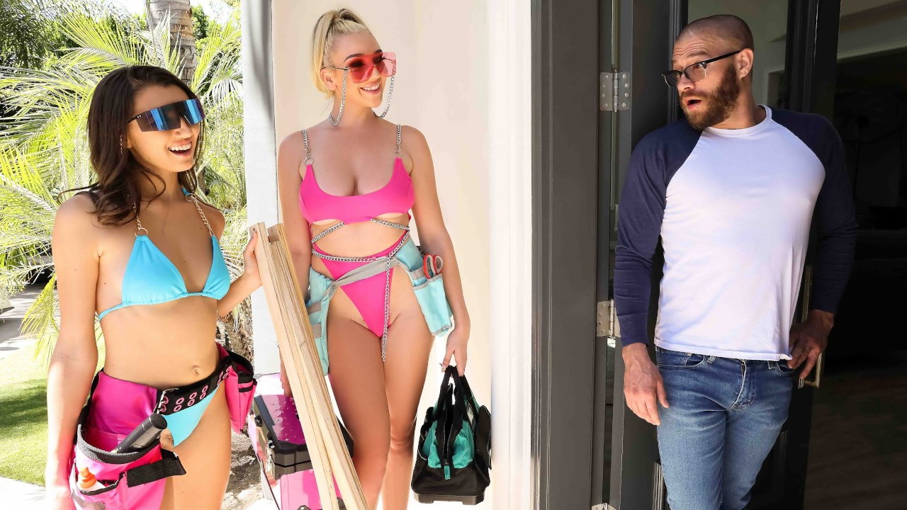 La empresa de remodelación de casa envió a su casa dos chicas bikini-clad