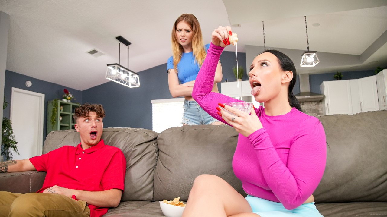 The two girls fight for the chance to catch the cum that he is slinging